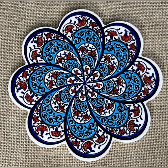 Other - Turkish Patterned Flower Stoneware Trivet Red White Blue Folk Art Cottage Core